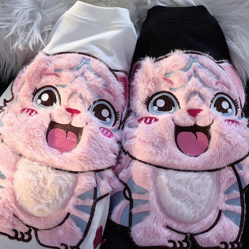 Guochao Oversized Flocked Cute Tiger Tee – Unisex Short-Sleeve, Niche Design, Couple Outfits