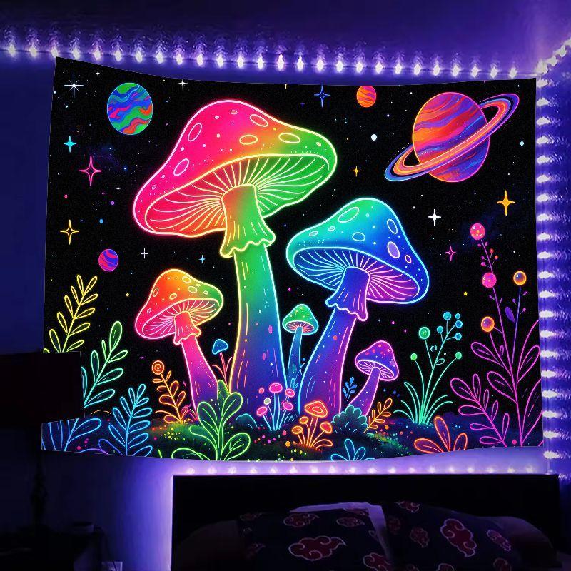 Rainbow Neon Mushroom Wall Tapestry Psychedelic Starry Polyester Tapestry Wall Hanging Bedroom Dorm Decor Fabric 100X70CM