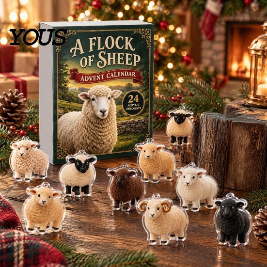 Christmas Tree Hanging Decorations Sheep Advent Calendar, 24Pcs Acrylic 2D Ornament Set with Cute Wall Decor for Holiday Lamb Designs,