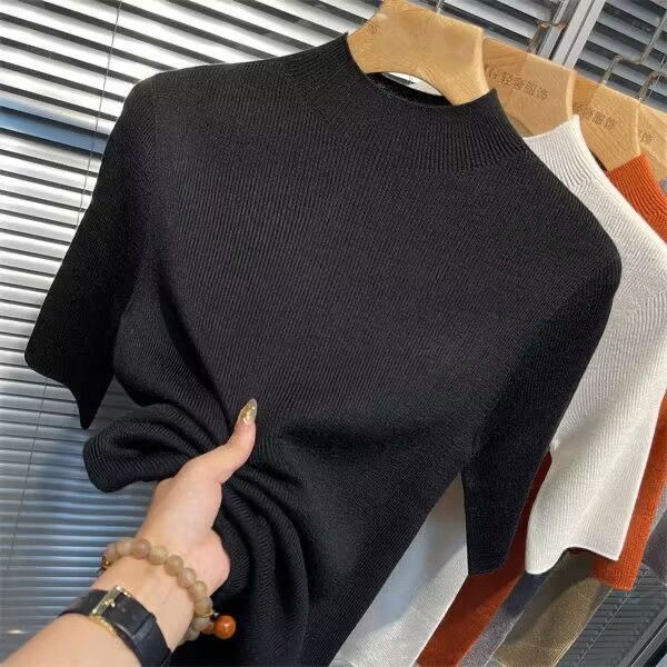 Spring and Autumn thin semi-turtleneck bottoming shirt women's half-sleeved knitted sweater new five-quarter-sleeved slim-fitting foreign-style medium