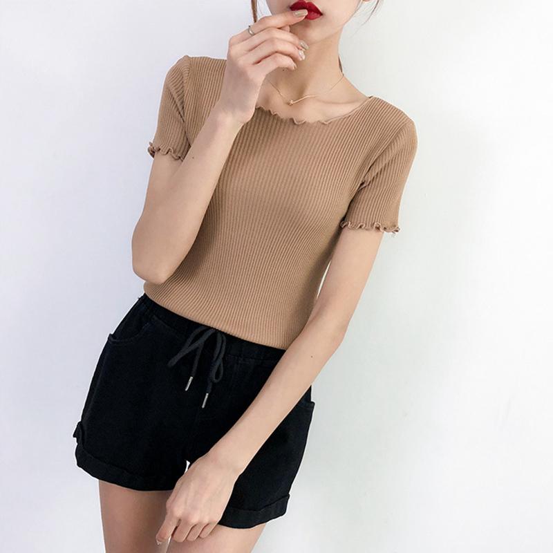 Dámské Léto Pletené Ledové Hedvábné Trička Topy Krátký rukáv Tenký Plísňový Listový Límec Vysoký Pas Jednobarevná Studená