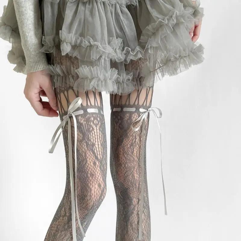 Hollow Lace Mesh Stockings with Bow Tie Pantyhose Lolita Retro Floral Vine White Black Purple Blue Grey Stockings for Women