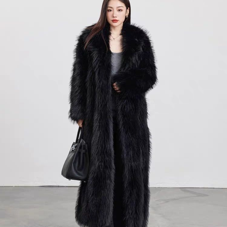 Winter New Imitation Fox Black Long Coat with Cotton and Thick Environmentally Friendly Fur Coat for Women