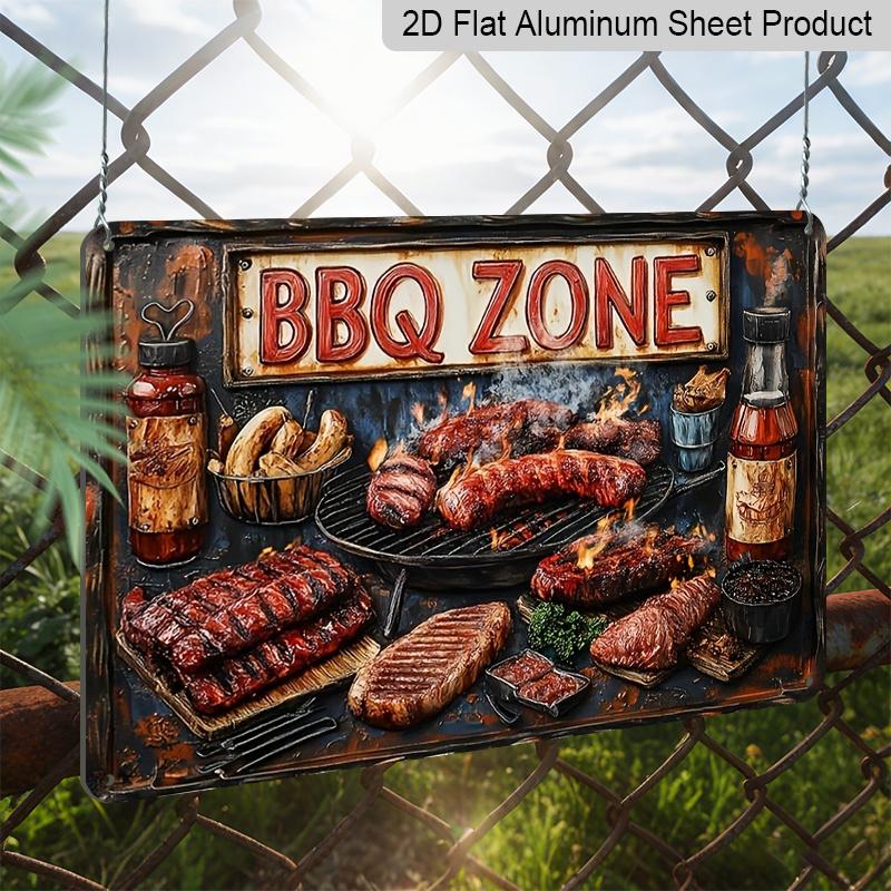 2D Flat, Vintage BBQ Zone Metal Sign - 12"x8" Rustic Aluminum Wall Decor with Grilling Meats & Condiments Design, Perfect for Home, Bar, or