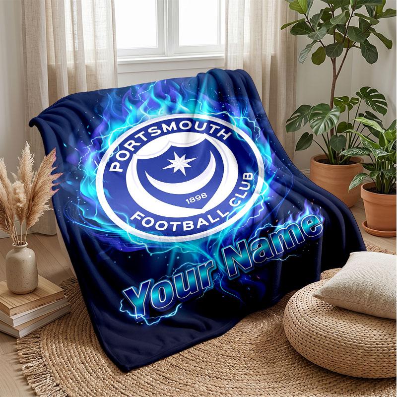 Portsmouth FC Custom Name Text Flannel Blanket Soccer Logo Personalized Fleece Throw Blanket Special Gift For Sofa Bedroom Home