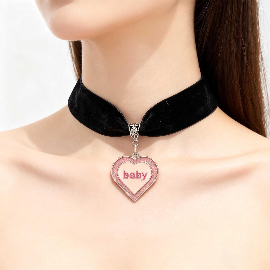 Gothic Pink Heart Velvet Choker Necklace