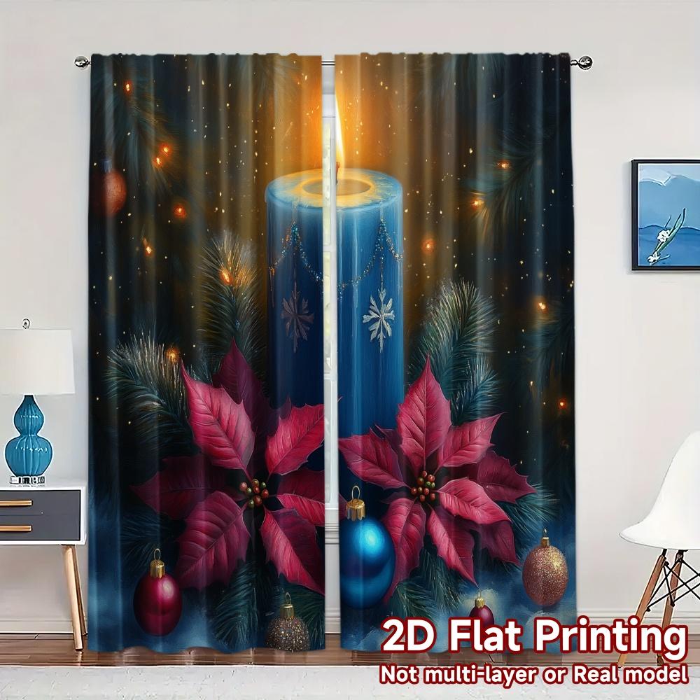 

2pcs,Curtains Blue Candle Poinsettia Christmas Ornaments (2) Chic Window Curtain Durable Polyester Curtains All Seasons Suitable 52.50×116.00 CM 2pcs