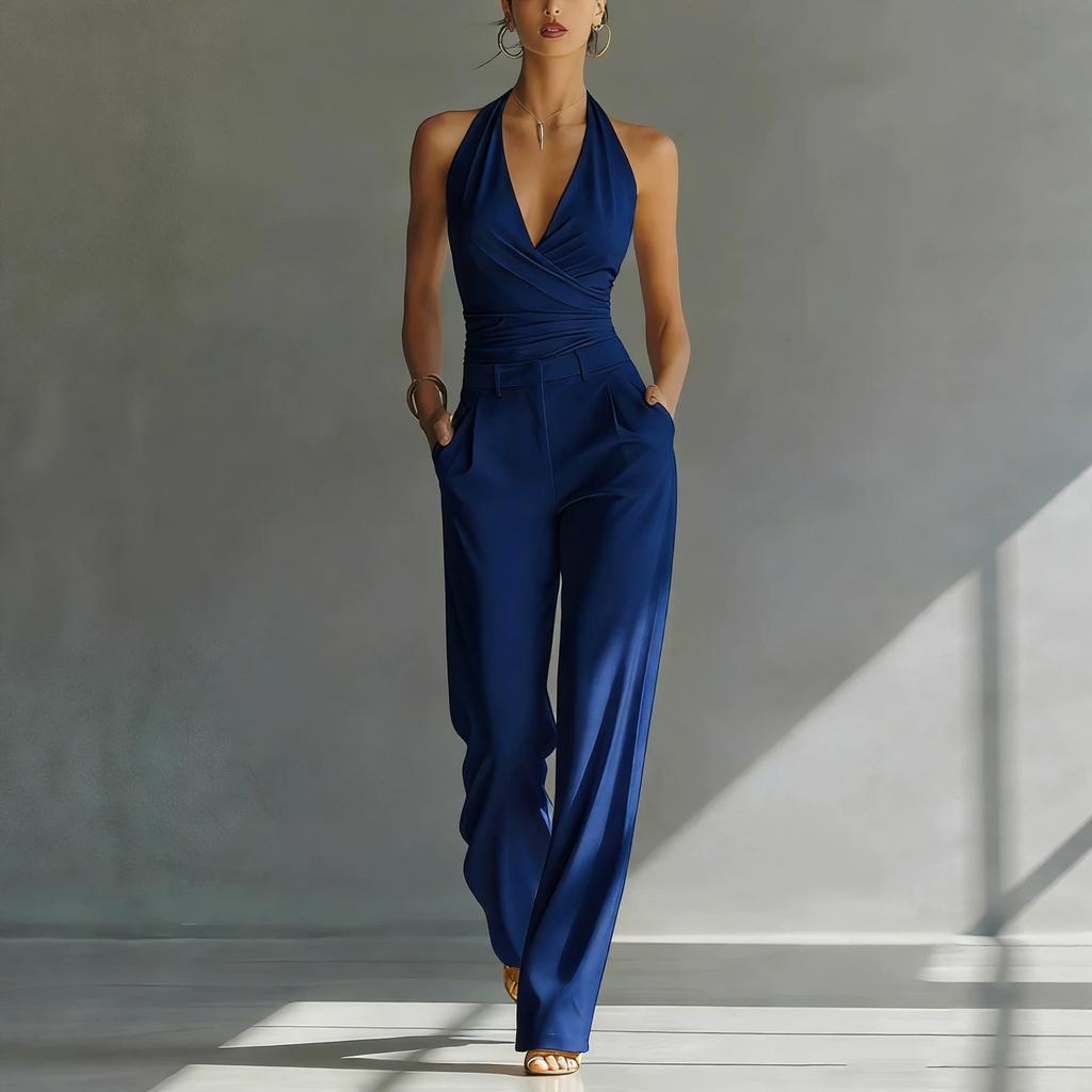 French fabric sling collar top high waist wide slim fit professional leisure solid color suit
