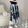 Qooth Women Summer Floral Printed Pleated Skirt Geometric Print High Waist Elegant A-line Long Skirt QT1670