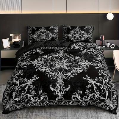 Black And White Luxury Brocade Pattern Duvet Cover Digital Printing Bedding Three-Piece Set