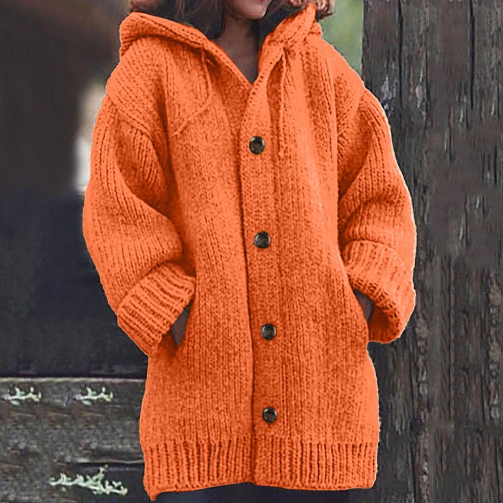 Frauen Casual Warm Lose Knopf Hoodie Stricken Pullover Lange Tops Bluse Pullover