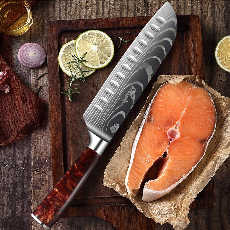 7inch Damascus Pattern Kitchen Knives Japanese Santoku Knife Meat Cleaver Fruit Slicing Knife Utility Knives Red Resin Handle