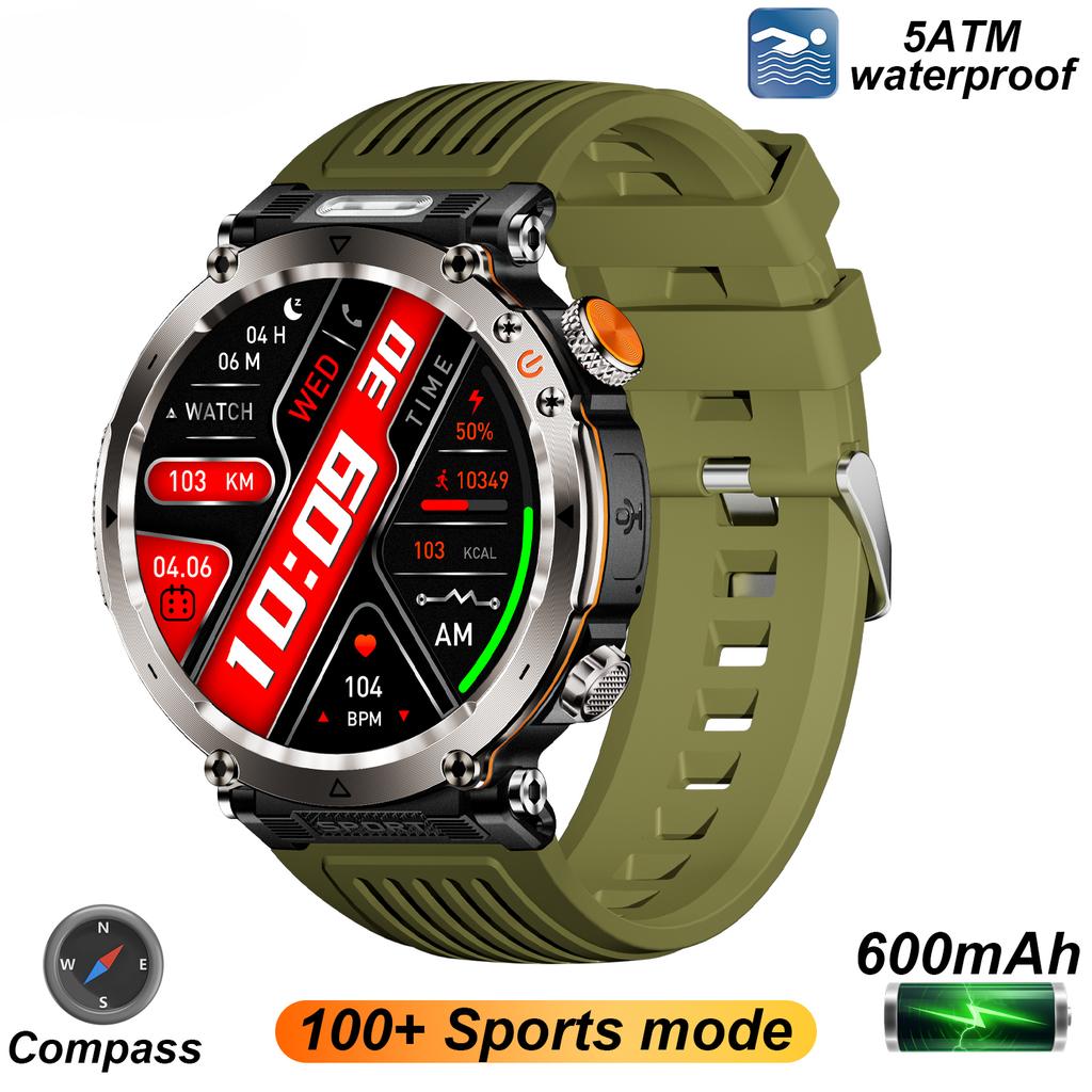 2025 Nowy Smartwatch Outdoorowy 5ATM Męski 600mAh Latarka LED Smartwatch Kompas Połączenie Bluetooth Tętno IP 68 Sportowy Smartwatch