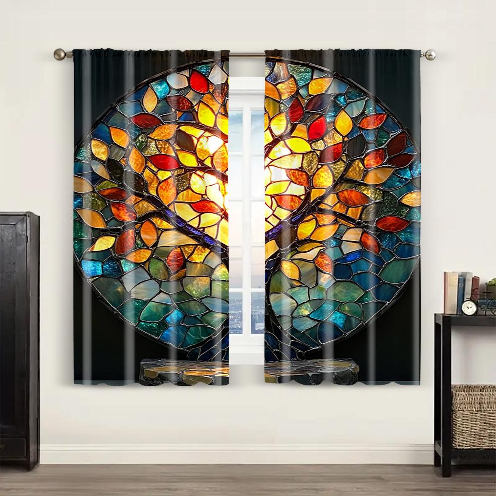 2pc,  Window Drapes Color Mosaic Tree Art 100% Polyester,Without Electricity Family Party Decoration Perfect for Holiday