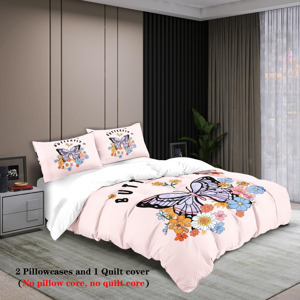 3Pcs Butterfly Flowers Pattern Bedding Set, For Girls, Teenagers And Adult'S Bedroom, 1*Duvet Cover+2*Pillowcase, For Single Bed