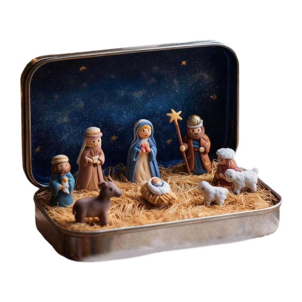 Mini julkrubba Heliga Familjen Figurer Gåva Bärbar Scen för Skrivbord Inomhus