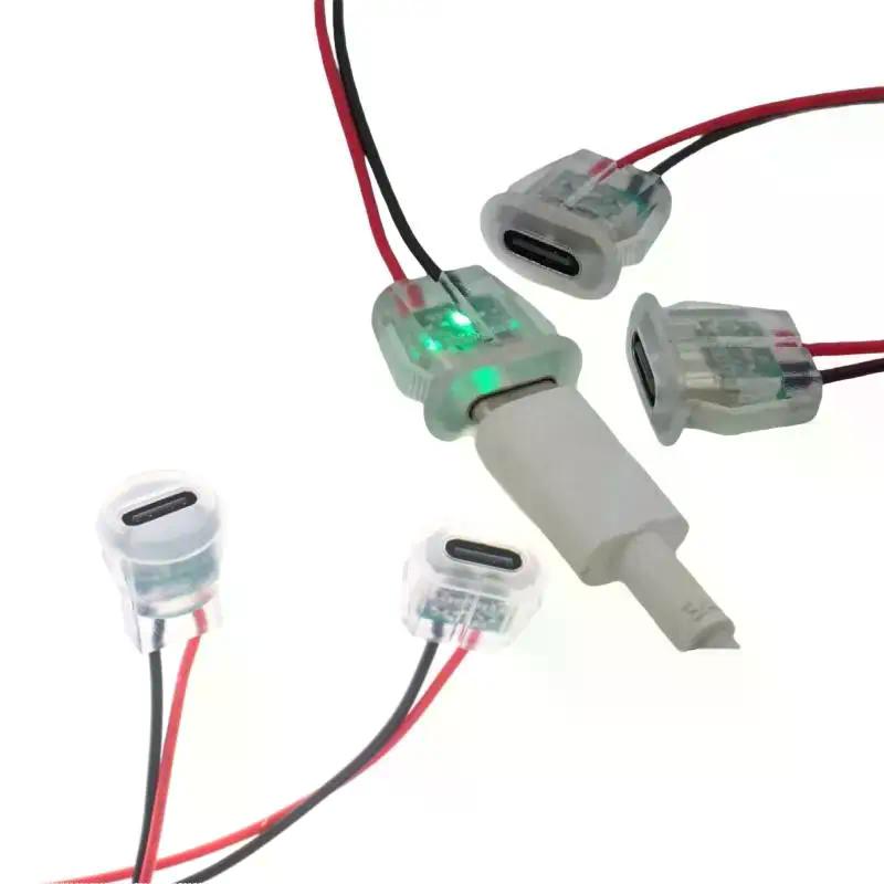 5/10Pcs Waterproof USB-C Power Port Female Connectors Transparent 2Pin USB Type-C With LED Lights Input Type Charging Socket