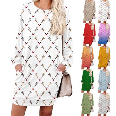 Women's Retro Printed Fashionable Long-sleeved Round-neck Pocket Dress
