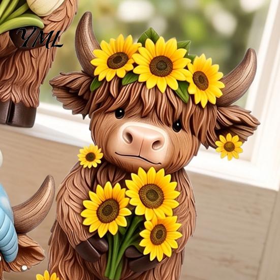 Highland Cow Figurine 4 Pcs Seasonal Figurines, Spring Summer Fall Winter Miniature Farm Decor Seasons Scottish Statue, Resin Table Centerpiece