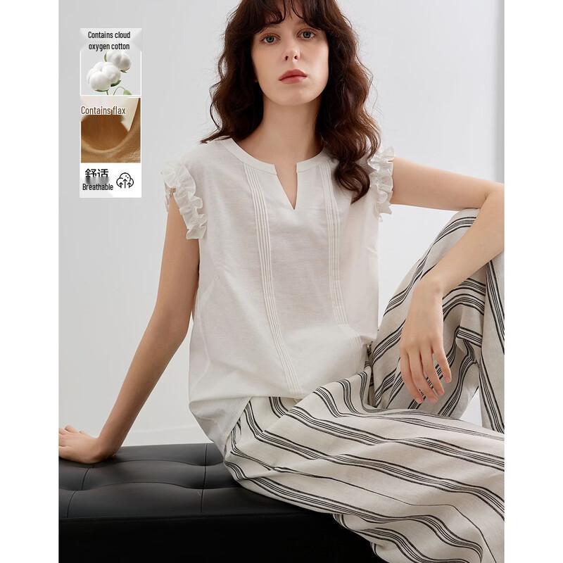 Demana Women s Summer Linen Blend Loose-Fit Ruffle Sleeveless Blouse M
