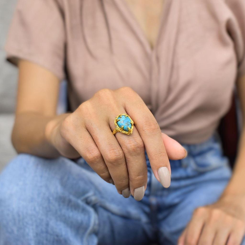 Genuine Copper Turquoise ring 14K Gold stylish turquoise ring Pear-shaped unique handmade jewelry bohemian jewelry gift for everyday wear