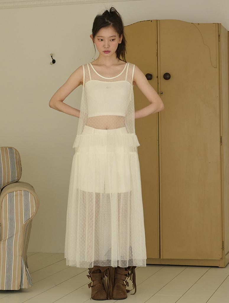 OPENING SUNSHINE Dot See-Through Long Layered Mesh Dress_Ivory