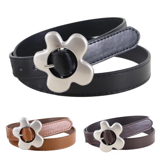 Imitation Leather Women Belt Metal Flower Pin Buckle Adjustable Design