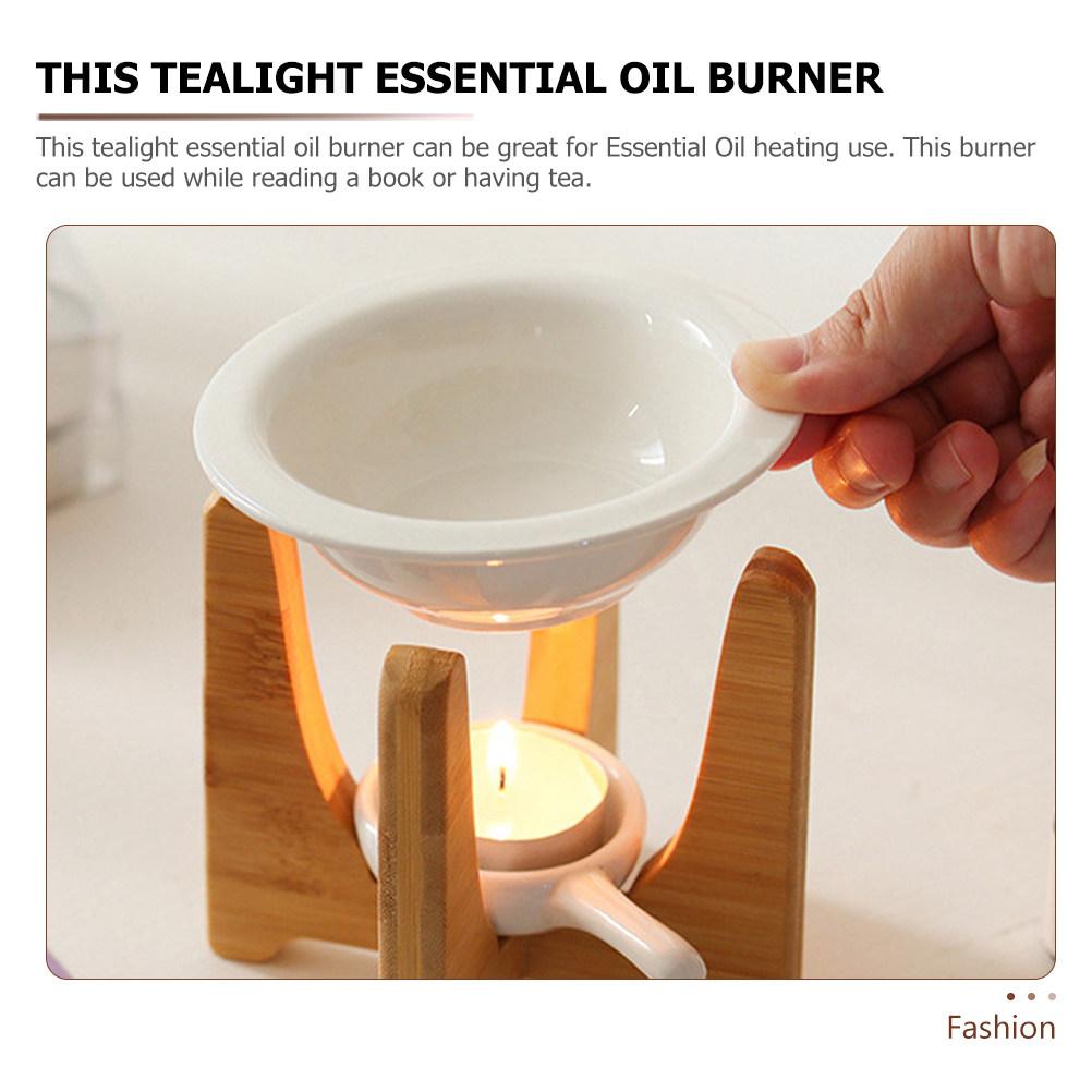 1Set Bamboo Essential Oil Burner Ceramic Tealight Wax Melt Warmer Decorative Aroma Diffuser Holder for Home Yoga Spa