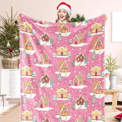 1pc Throw Pink Xmas Gingerbread House Flannel Blanket for Couch Bed Sofa Xmas Winter Soft Comfy Warm Blankets for Christmas Gift