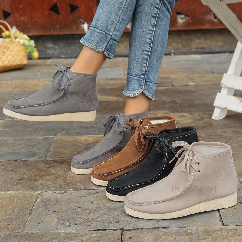 Women's Flat Single Boots Autumn New Round Head Suede Front Lace-up Soft Sole Non-slip Ankle Boots Botas Para Mujer