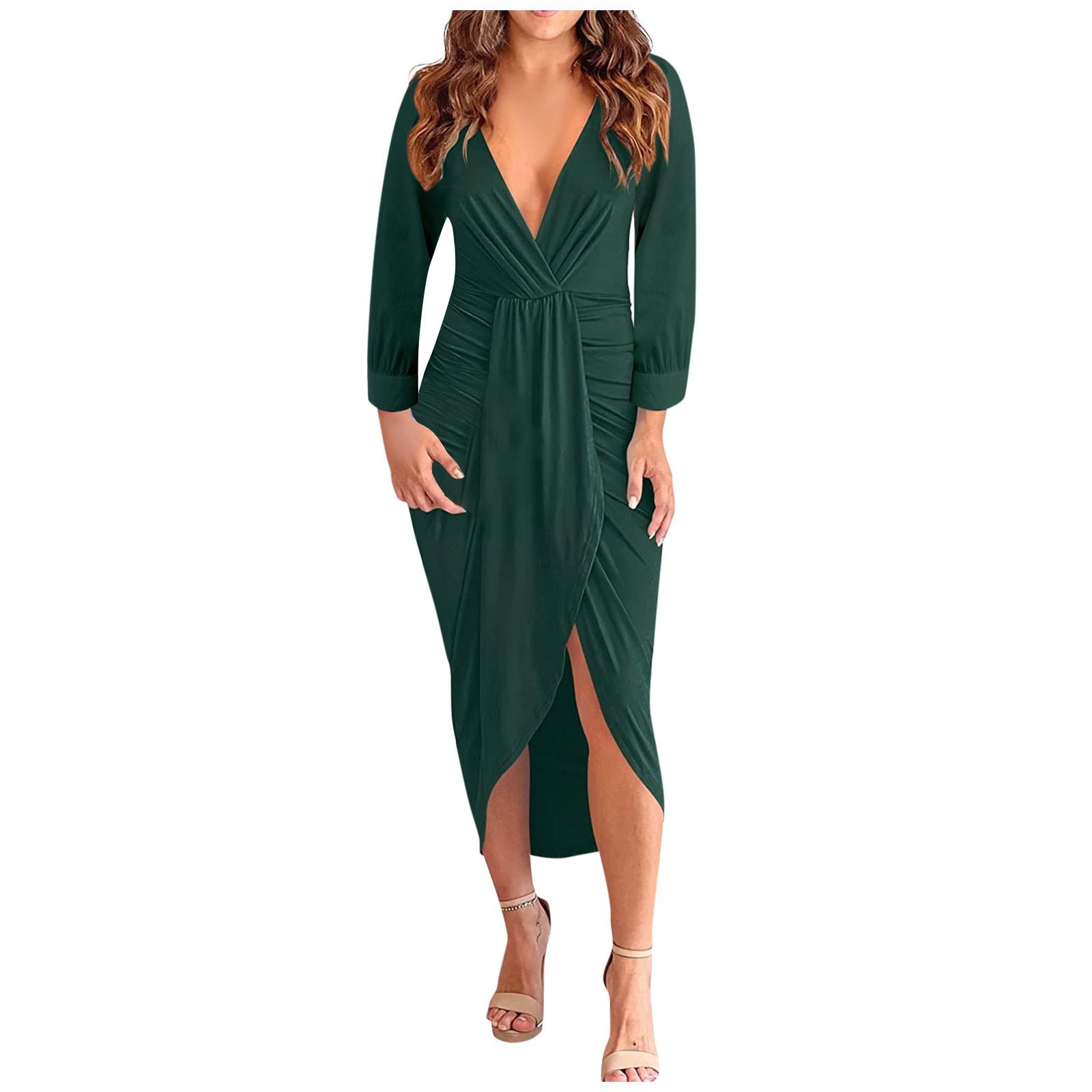 

Женское платье с V-образным вырезом, плиссировкой, разрезом на бедре и длинным рукавом, подчеркивающее темперамент L зелёный