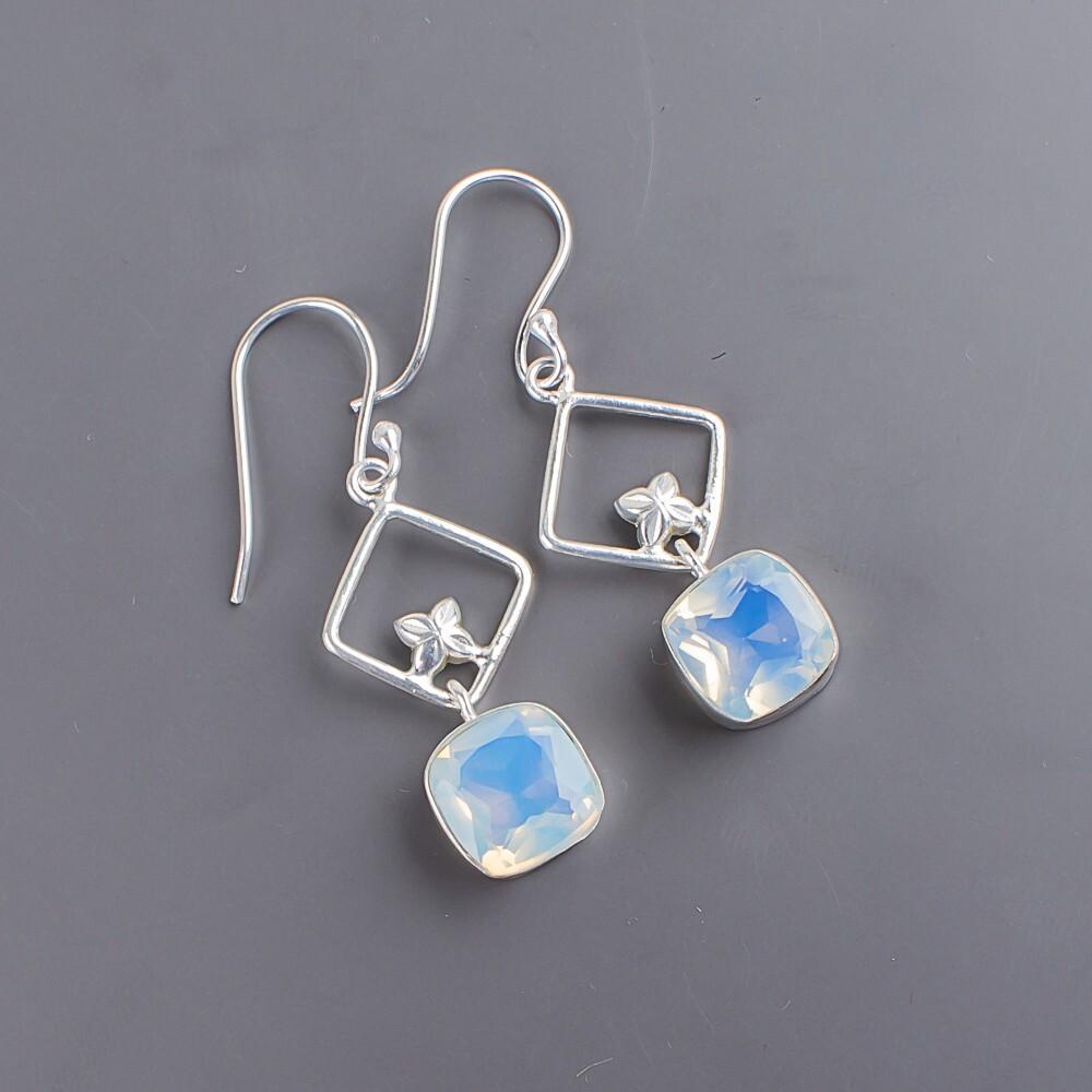 White Opal Gemstone 925 Sterling Silver Jewelry Handmade Earrings 1.70" For Gift EE-10-14