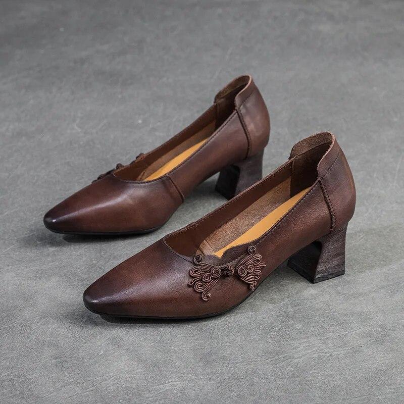 Johnature Scarpe con tacco alto a punta stile etnico Scarpe da donna con décolleté poco profonde in vera pelle retrò versatili