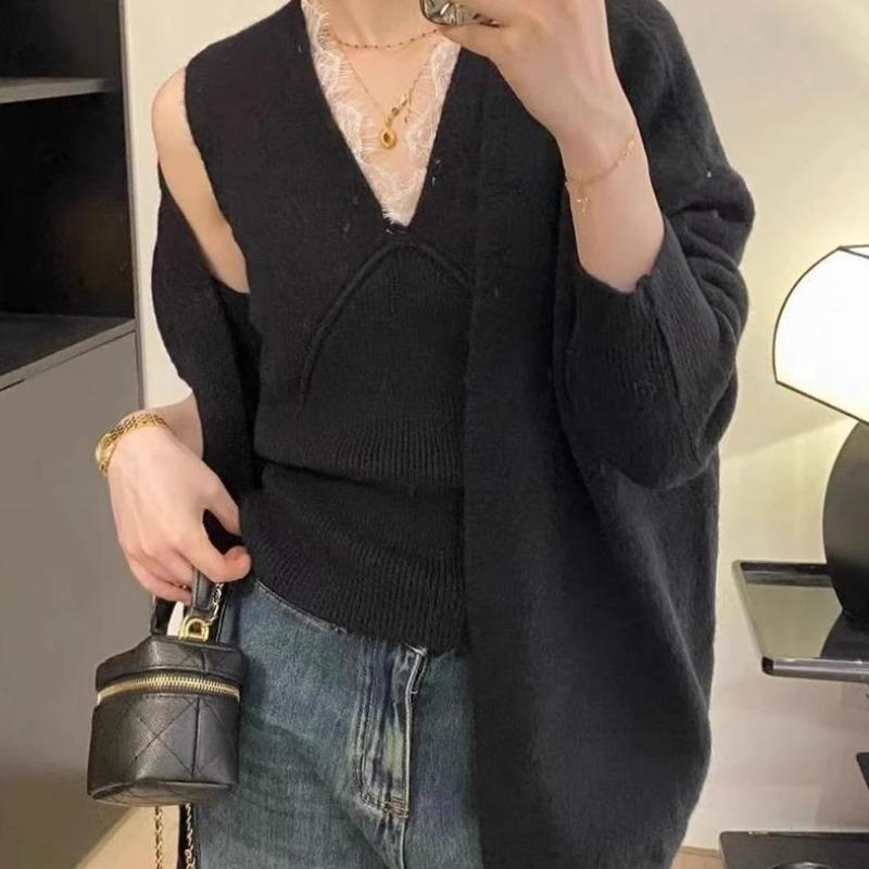 

Мягкий восковой ленивый ветер вязаный кардиган жилет комплект из двух предметов женский однотонный свитер куртка осень и зима новый комплект женский one size fits all чёрный