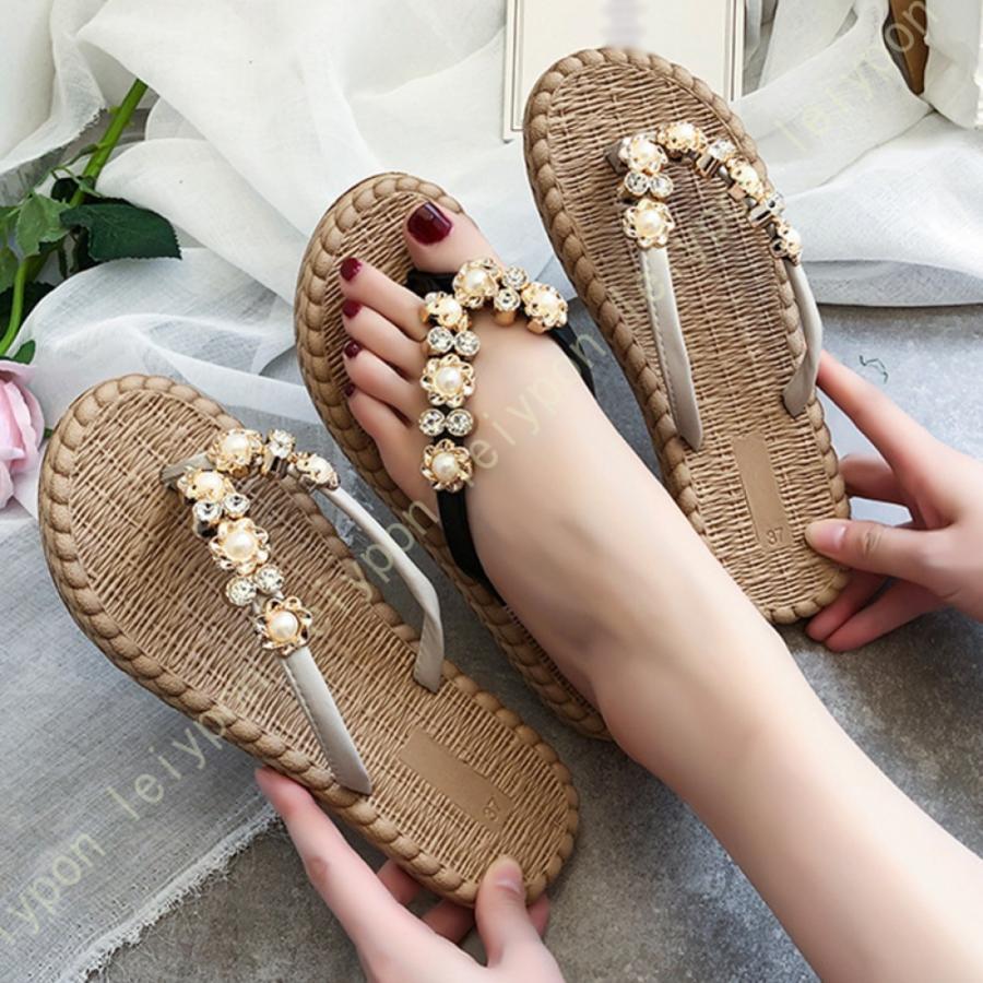 

Flat Sandals for Women, Easy to Wear, Slippers, Easy to Walk, Beautiful Legs, Beach Sandals, Glitter, Flower Decoration, Stylish, Mules, Lightweight,