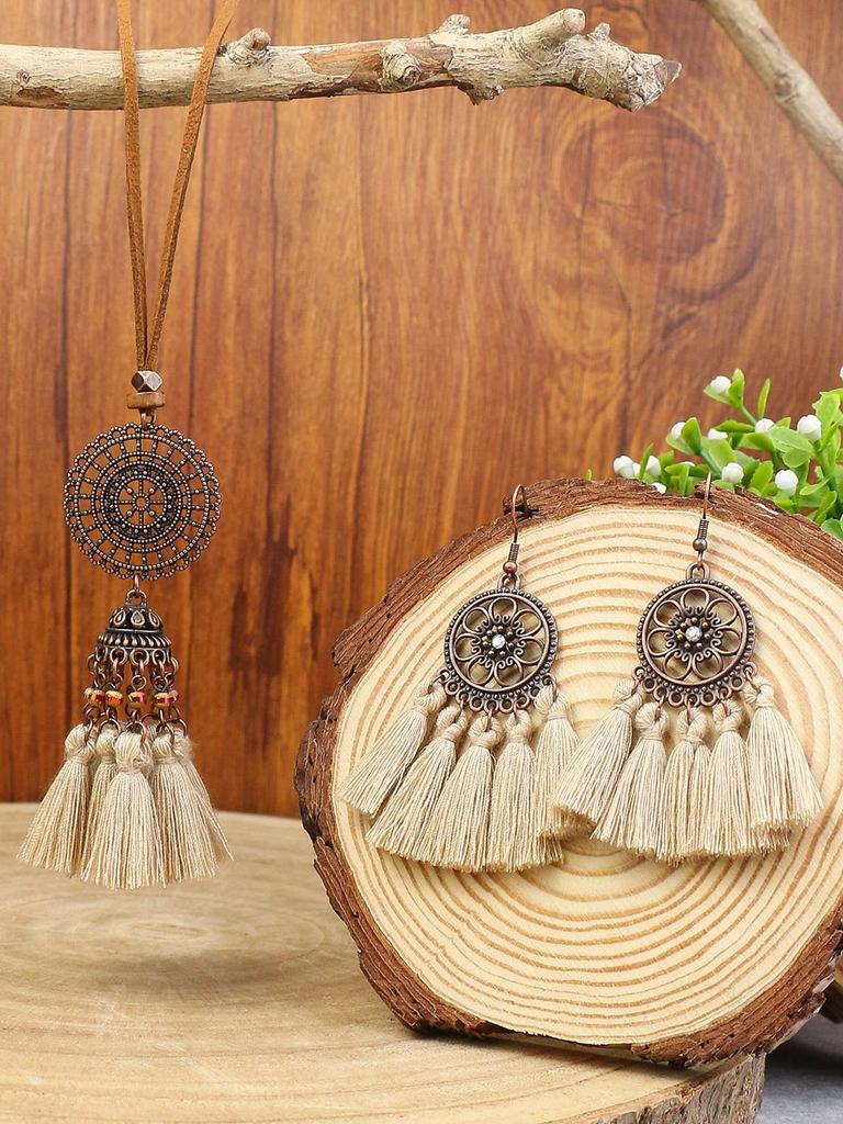 Bohemian style ethnic characteristic hollowed out carved pendant with tassel earrings necklace set combination