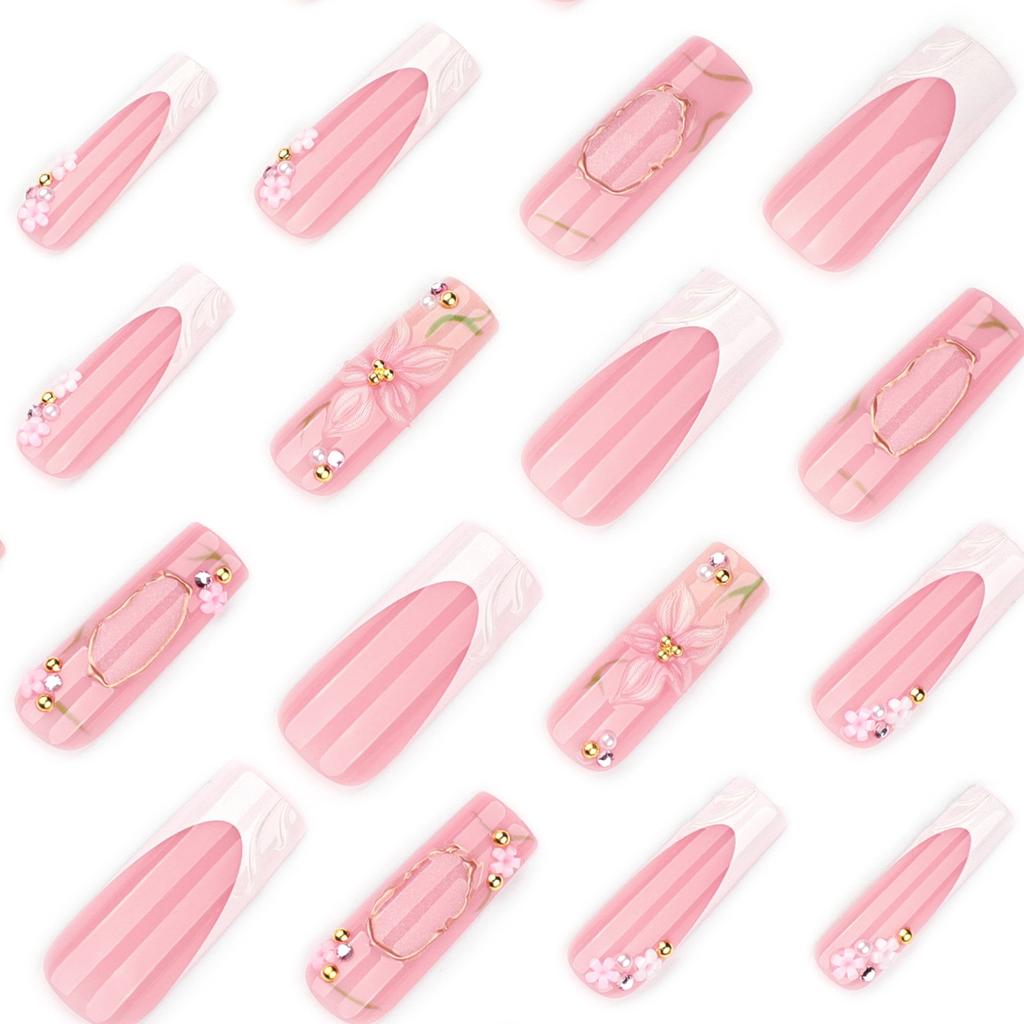 3D Flower Pearl French False Nails 24 Pieces Comfort Fit for Women