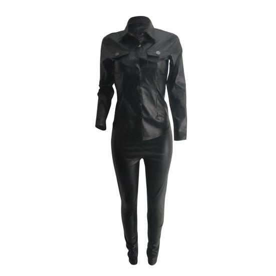 

Casual Women Solid Color Faux Leather Turn Down Collar Shirt Pants Two-piece Set XXL