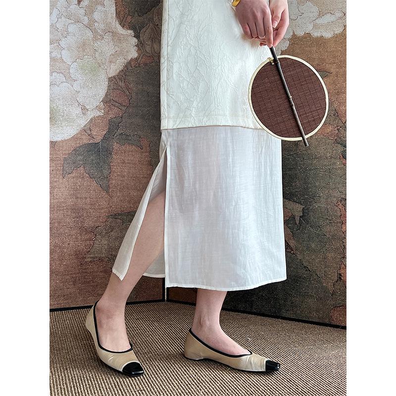 Luxi Jacquard New Chinese Style Cheongsam Dress with Mesh Hem and Tie-Up Placket