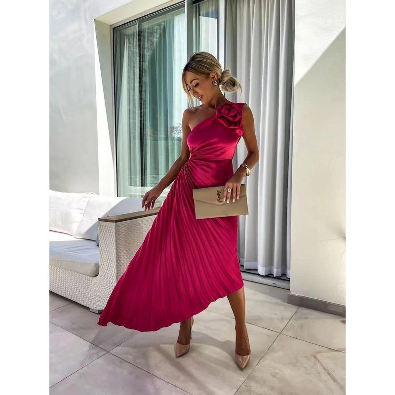 Fashion Solid Casual Sexy Temperament One Shoulder Slant Collar Pleat Hollow Out Formal Dress Long Dress Summer Long Dress