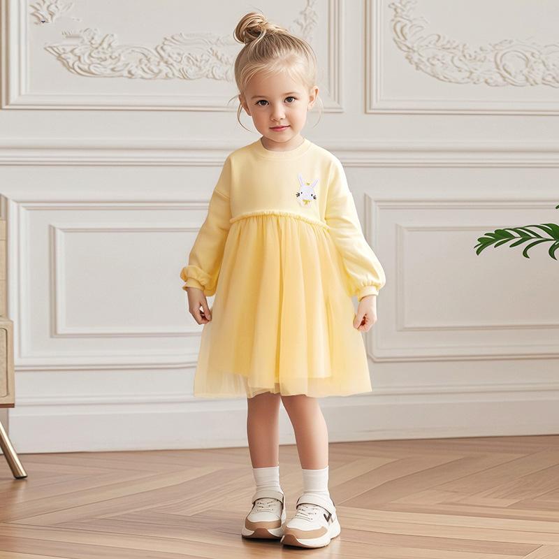 Girls Mesh Dress Spring Autumn Clothes Children's Princess Dresses Cartoon Cotton Yellow Skirt for 2-7 Years Old