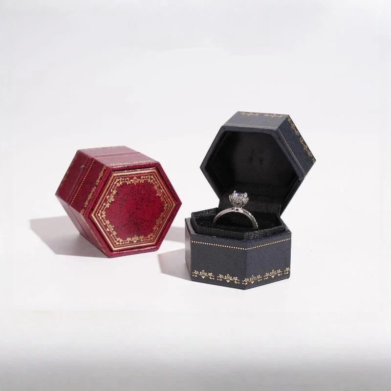 Vintage Hexagonal Velvet Ring Box Delicate Embossed Jewelry Storage Case For Proposal Wedding Jewelry Display Use