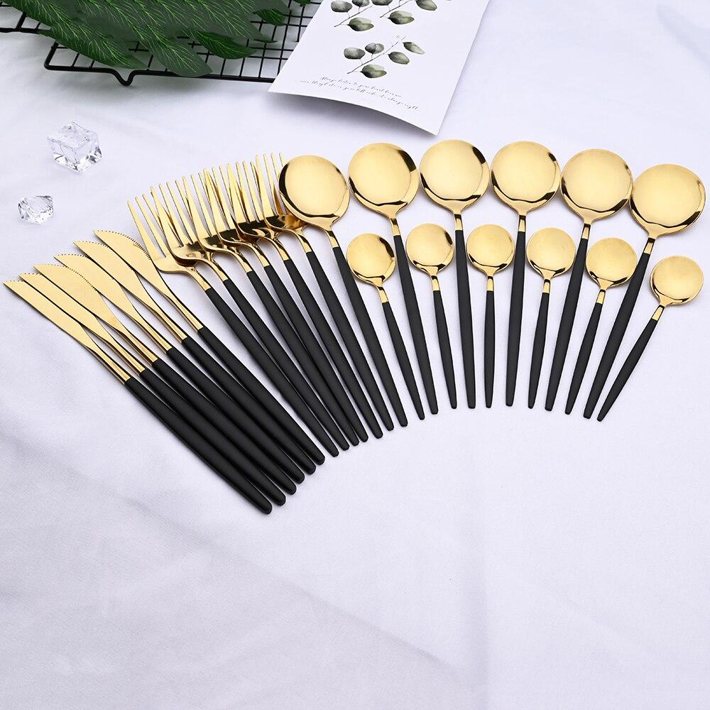 Set di posate in oro nero 24 pezzi Set di posate in acciaio inossidabile Set di posate da cucina con coltello e forchetta Set di posate