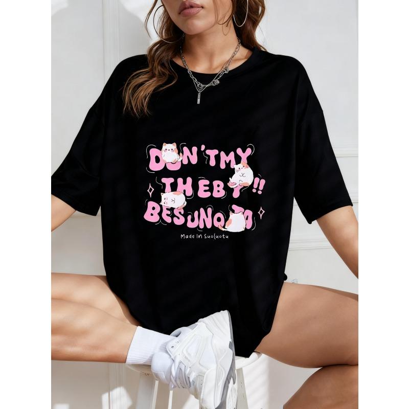 Übergroßes T-Shirt Weiß Niedlicher Hasen-Print mit Pinkem Text Don T My Theby Besuno 70 Für Freizeitkleidung und Streetstyle