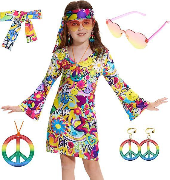 70s Hippie Print Dress for Girls Halloween Party