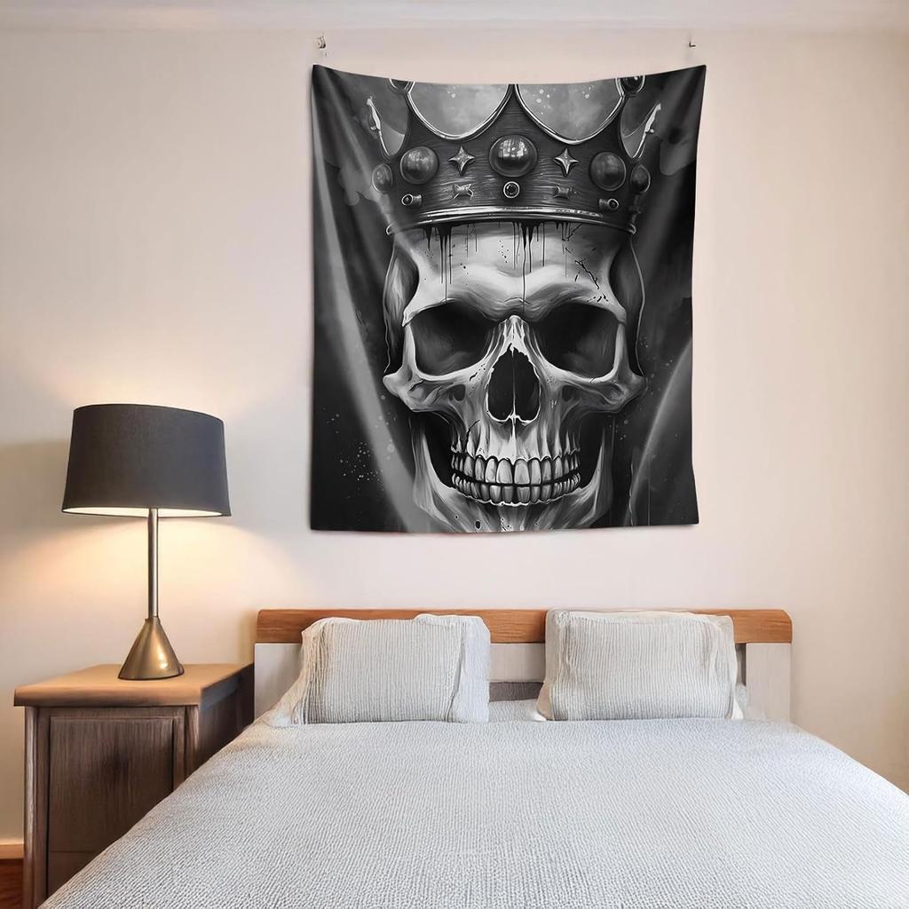 Gothic Skull Tapestry Crown And Skull On A Black Tapestries Fantasy Wall Tapestry Hanging for Bedroom Home Decor 50x61in