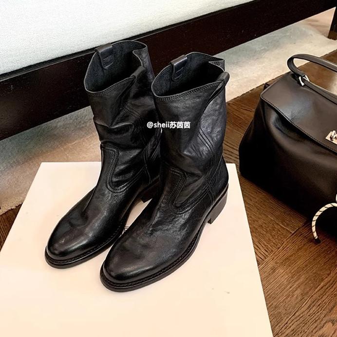 Burke Highway~ Leather V-mouth Western Boots Thick Heel Short Boots Women's Desert Boots Fall/Winter