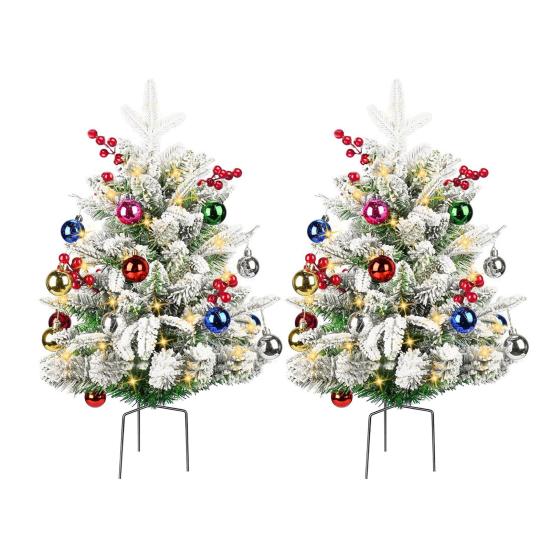 23 Inch Lighted Artificial Christmas Urn Filler Pre-lit Xmas Pine Tree with Cones Red Berries Tripod Stake And LED Light Outdoor Porch Planter Filler