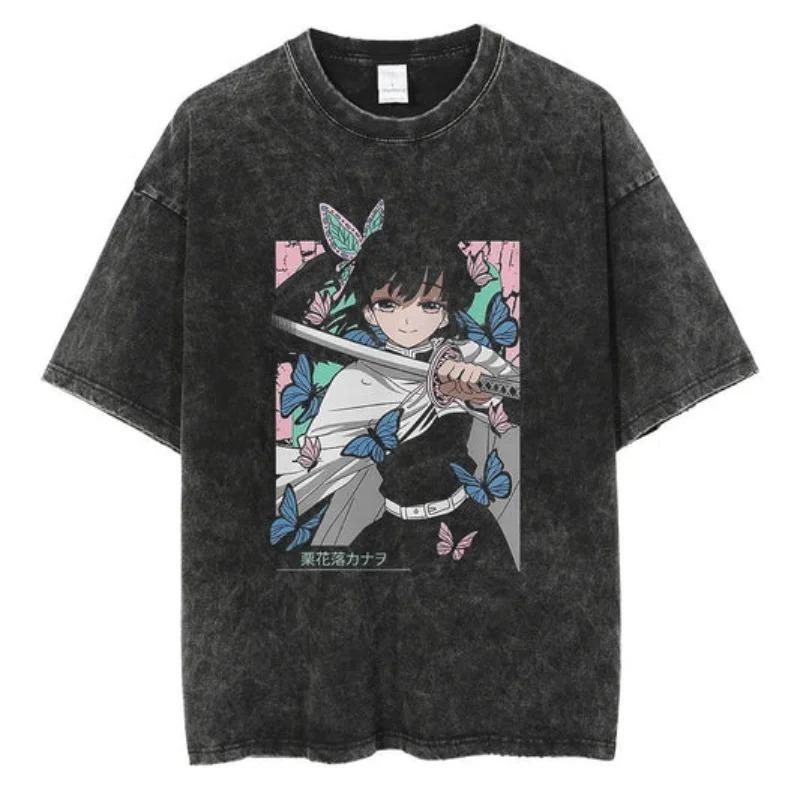 2026 Anime Demon Slayer Retro Washed T-shirt Men's and Women's New Summer Clothing Breathable Fashion Top Streetwear Peripheral Tee