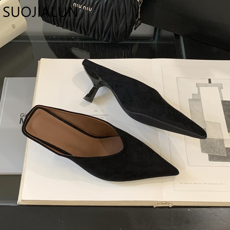 Fashion SUOJIALUN 2025 Autumn Women Slipper Fashion Pointed Toe Sahllow Slip On Mules Shoes Thin High Heel Outdoor Dress Sandal Pumps